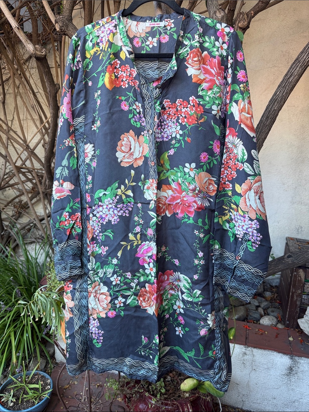 Johnny Was Black Floral Long Tunic Coat with Multicolor Blooms